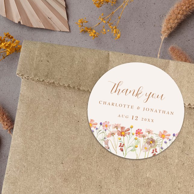 Pegatina Redonda Boda Watercolor Wildflower Boho (Boho fall Wildflower Wedding thank you favor stickers watercolor florals elegant script burnt orange)
