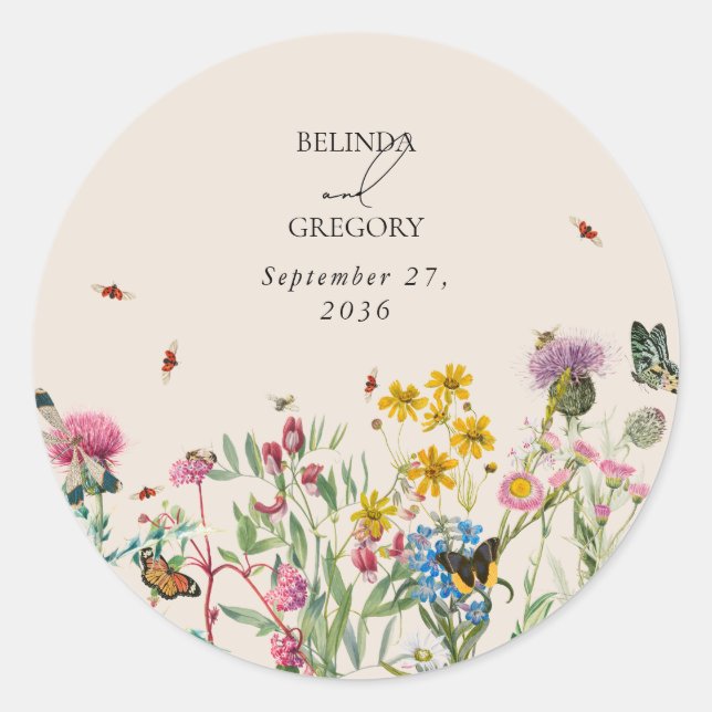 Pegatina Redonda Boda Watercolor Wildflower Garden & Insecs (Anverso)