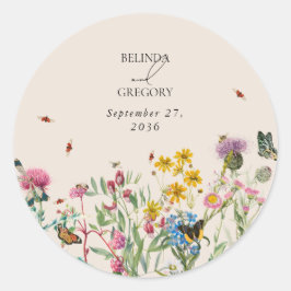 Pegatina Redonda Boda Watercolor Wildflower Garden & Insecs