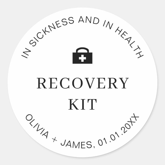 Pegatina Redonda Boda Weekend Recovery Kit First Aid Hangover (Anverso)
