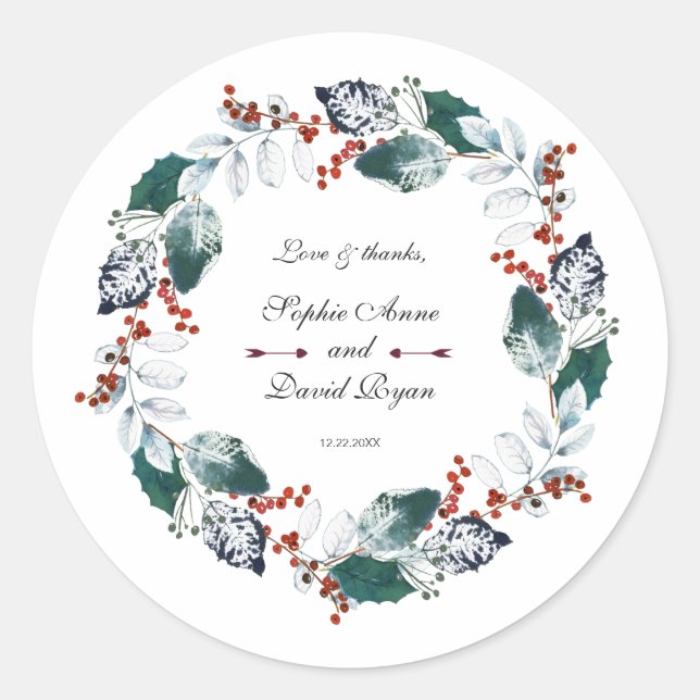 Pegatina Redonda Boda Wreath del invierno sagrado Berries (Anverso)