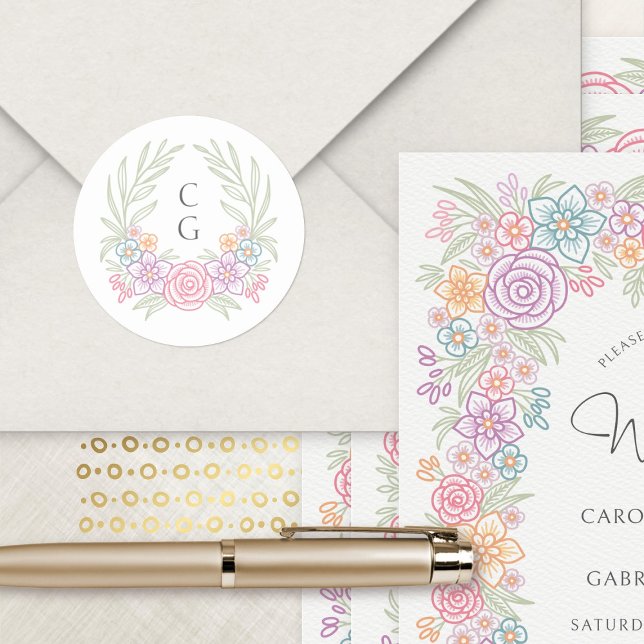 Pegatina Redonda Boda Wreath, Escudo de flores silvestres rosadas (Subido por el creador)