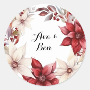 Pegatina Redonda Boda Wreath Watercolor de poinsettia rojo y blanco