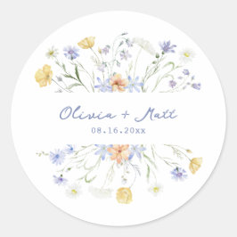 Pegatina Redonda Bodas con flores silvestres manuscritas