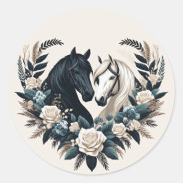 Pegatina Redonda Bodas de campo-caballos enamorados