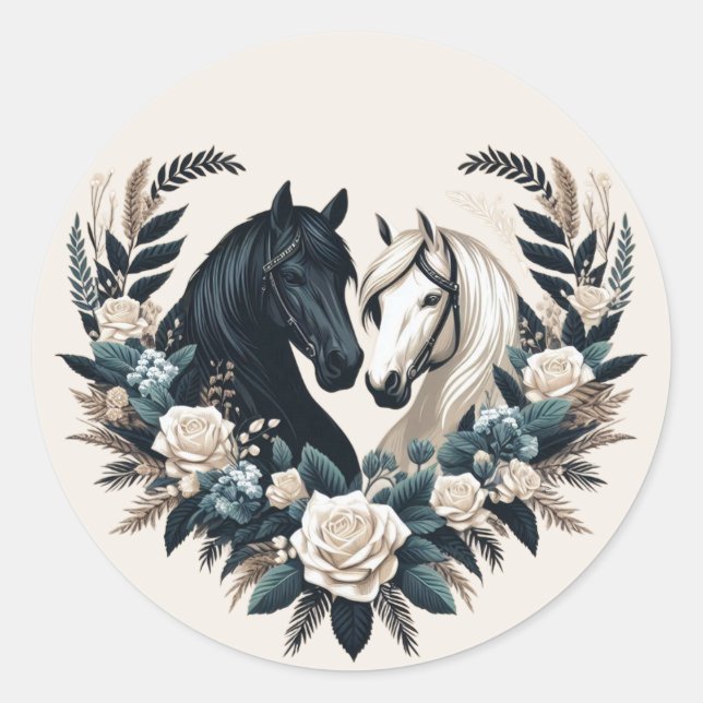 Pegatina Redonda Bodas de campo-caballos enamorados (Anverso)
