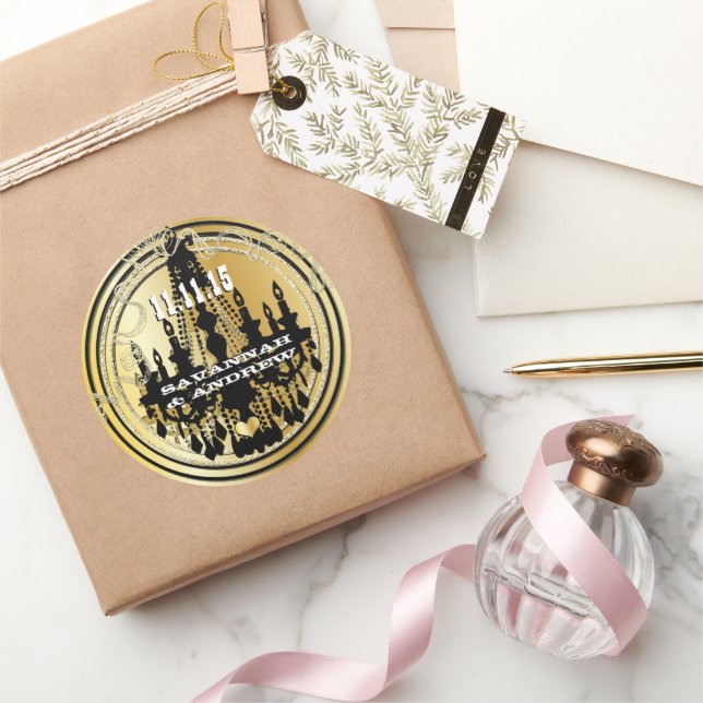 Pegatina Redonda Bodas de candelabros musicales negros y dorados (Regalar)