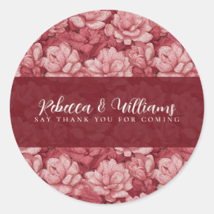 Pegatina Redonda Bodas de fantasía retro con gardenias rosadas colo