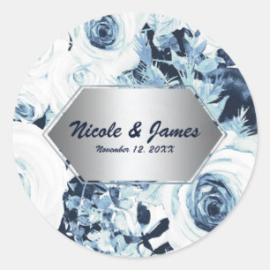 Pegatina Redonda Bodas de Invierno Azules Blancas Plateadas Rosas V