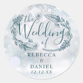 Pegatina Redonda Bodas de Invierno con Copos de Nieve Florales Rúst