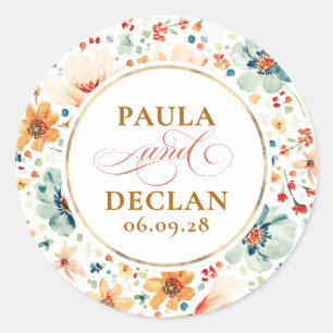 Pegatina Redonda Bodas de Otoño Elegantes con Aquarelas de Flores S