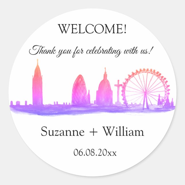 Pegatina Redonda Bodas de Pink Favors en el horizonte de Londres In (Anverso)