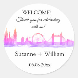 Pegatina Redonda Bodas de Pink Favors en el horizonte de Londres In