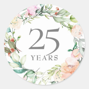 Pegatina Redonda Bodas de plata 25 años aniversario floral rosas