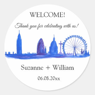 Pegatina Redonda Bodas del Skyline Blue Favors de Londres Inglaterr