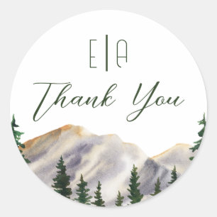 Pegatina Redonda Bodas elegantes de acuarela montañas rústicas
