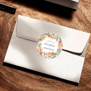 Pegatina Redonda Bodas Florales de Eucalipto Botánico Rosas Naranja