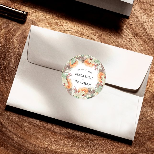 Pegatina Redonda Bodas Florales de Eucalipto Botánico Rosas Naranja (Subido por el creador)