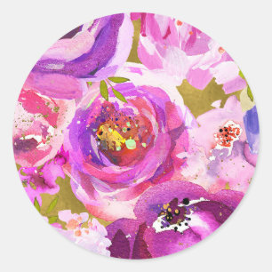 Pegatina Redonda Bodas Florales Vibrantes de Rosa y Púrpura