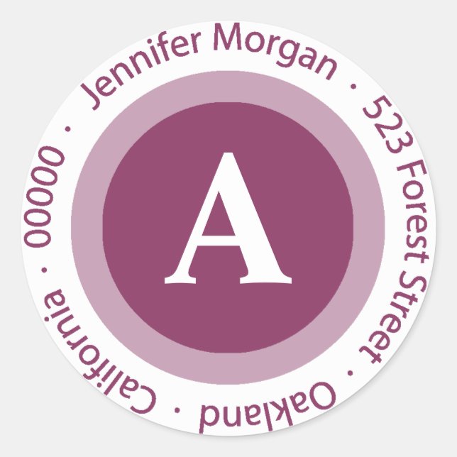 Pegatina Redonda Bodas Monograma Dirección de devolución Boysenberr (Anverso)