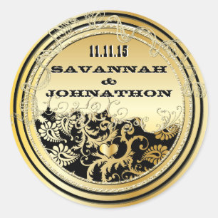 Pegatina Redonda Bodas musicales negras y doradas de damasco