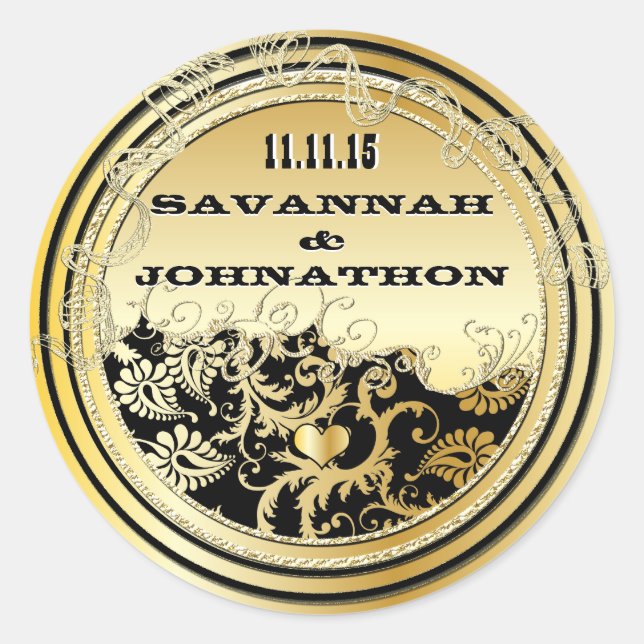 Pegatina Redonda Bodas musicales negras y doradas de damasco (Anverso)