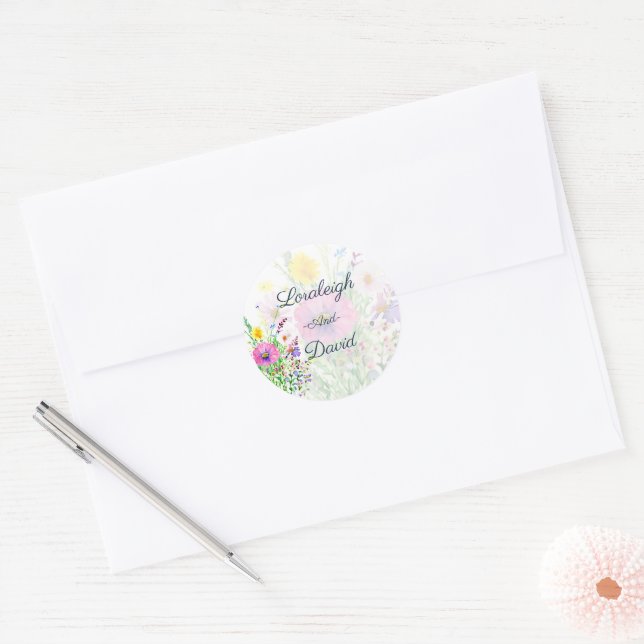 Pegatina Redonda Bodas personalizadas de flores silvestres de prima (Sobre)