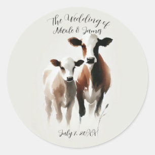 Pegatina Redonda Bodas Rústicas Mínimas de Vacas en Acuarela