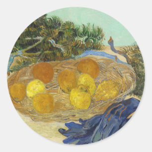 Pegatina Redonda Bodegón de naranjas limones guantes azules de Van