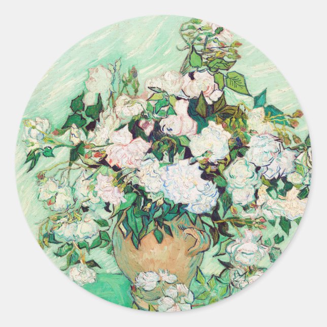 Pegatina Redonda Bodegón Rosas en un jarrón de Vincent van Gogh (Anverso)