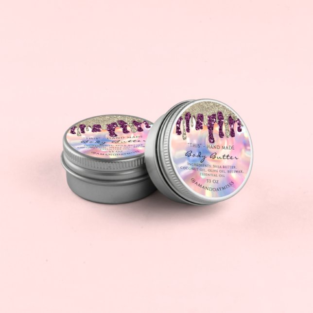 Pegatina Redonda Body Butter Packaging Glitter Drip Gold Holograph (Subido por el creador)