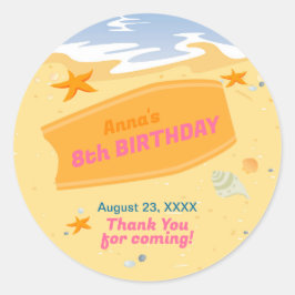 Pegatina Redonda Bodyboard chica fiesta de cumpleaños de la playa