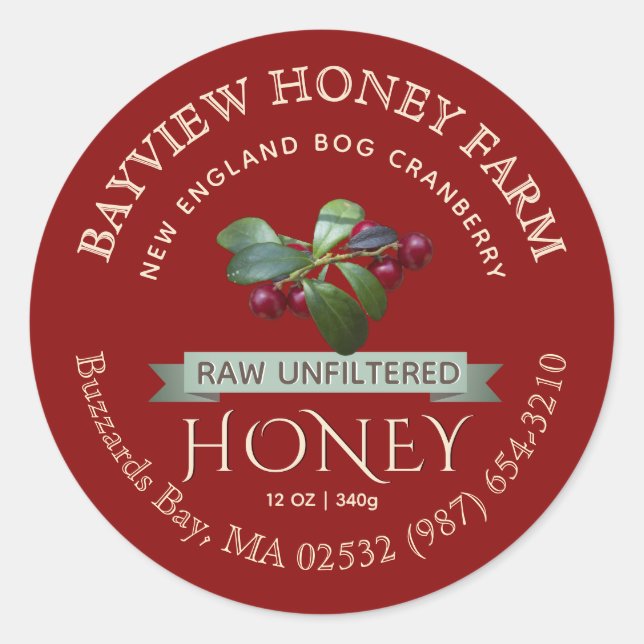 Pegatina Redonda Bog Cranberry Honey Honey Label con Cranberries (Anverso)