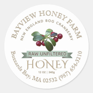 Pegatina Redonda Bog Cranberry Honey Honey Label con Cranberries
