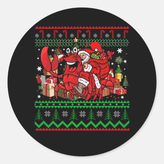 Pegatina Redonda Bogavantes feos Navidad Santa Riding Lobster Merry (Anverso)
