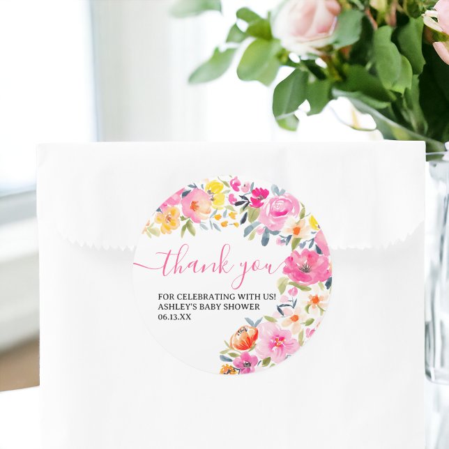 Pegatina Redonda Bohemio audaz floral acuarela gracias (Bohemian bold floral watercolor thank you classic round sticker)
