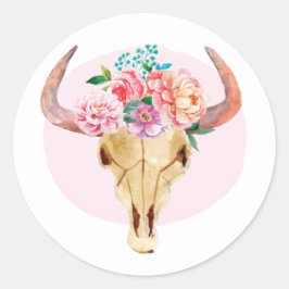 Pegatina Redonda Bohemio Rústico Calavera de Vaca Acuarela Floral R