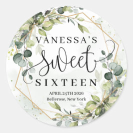 Pegatina Redonda Boho acuarela eucalipto oro dulce dieciséis