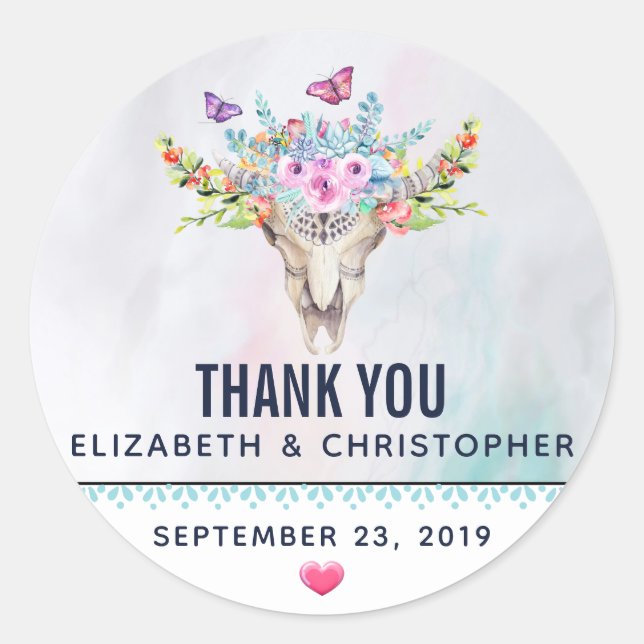 Pegatina Redonda Boho Animal Skull con Butterflies Boda gracias (Anverso)