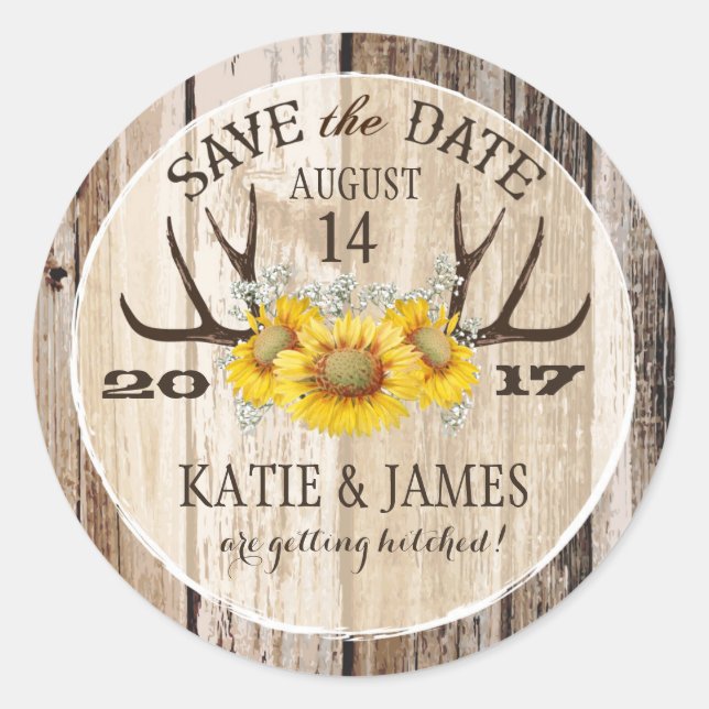 Pegatina Redonda Boho Antler Sunflowers Wood Save the Date (Anverso)