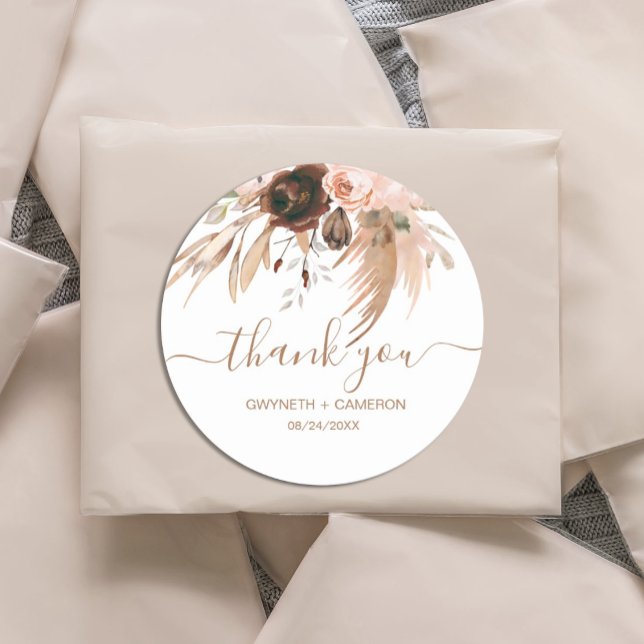 Pegatina Redonda Boho Autumn Pumpkin Shower Gracias (#zazzlemade #thankyousticker #fall #bohothankyousticker #autumnfloral)