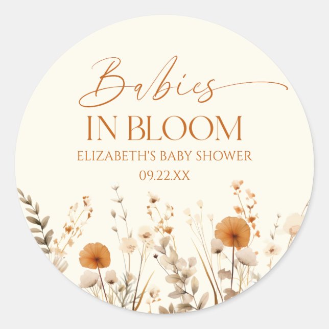 Pegatina Redonda Boho Babies En Bloom Wildflower Twins Baby Shower (Anverso)