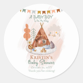 Pegatina Redonda Boho Baby Boy Teepee y Toys Baby Shower