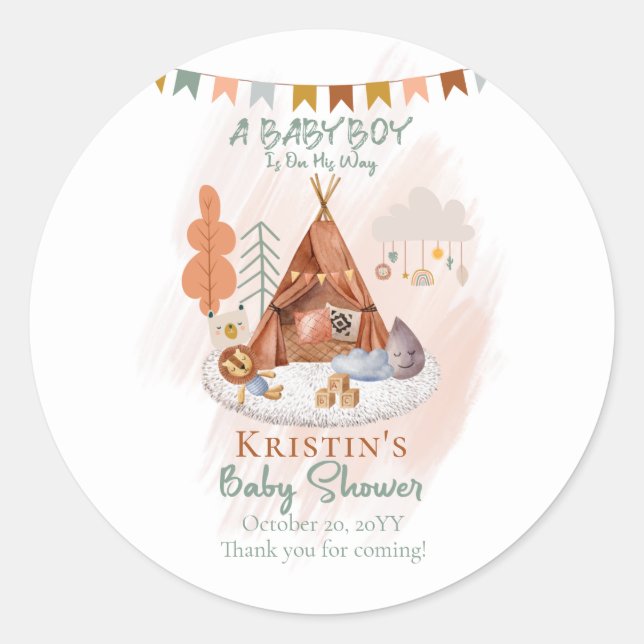 Pegatina Redonda Boho Baby Boy Teepee y Toys Baby Shower (Anverso)