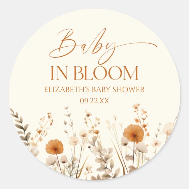 Pegatina Redonda Boho Baby En Bloom Wildflower Baby Shower (Anverso)