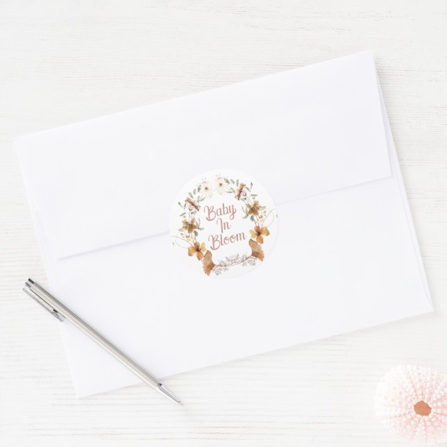 Pegatina Redonda Boho Baby En Bloom Wildflowers Baby Shower (Sobre)