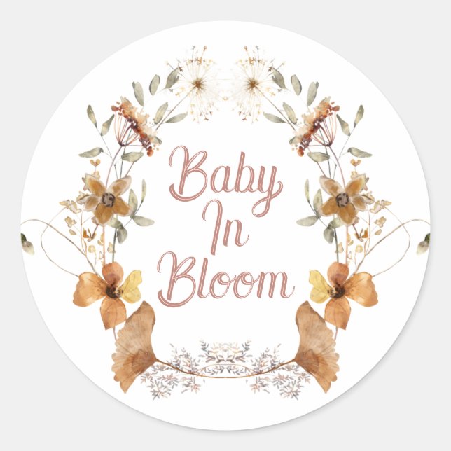 Pegatina Redonda Boho Baby En Bloom Wildflowers Baby Shower (Anverso)
