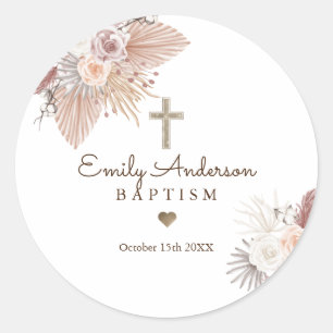 Pegatina Redonda Boho Baptism Pampas Grass Christening Favor