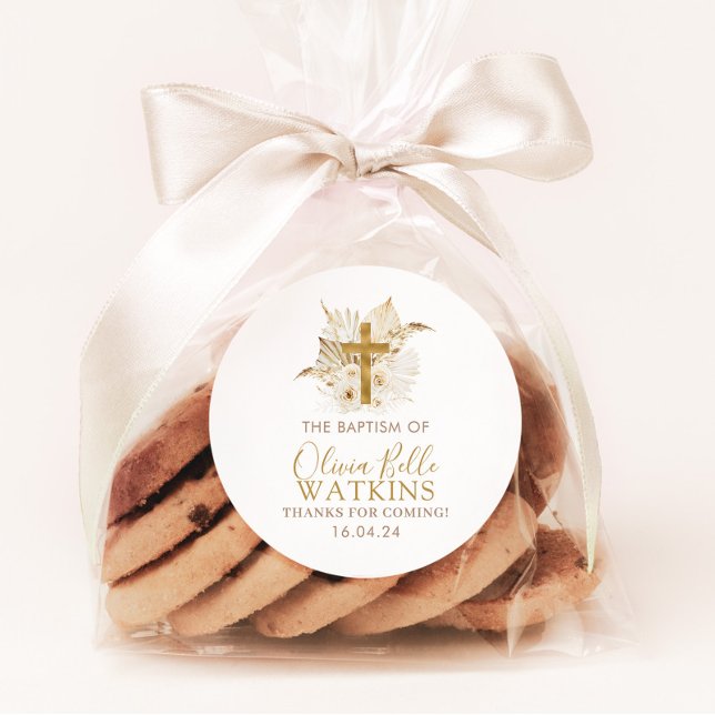 Pegatina Redonda Boho Baptismo floral de palmas secas neutra (Matching items available)