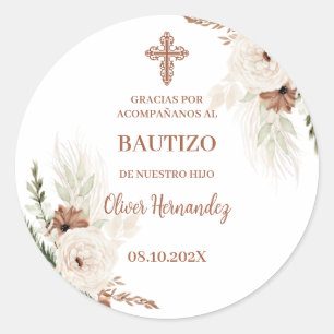 Pegatina Redonda Boho Bautismo Invitación española